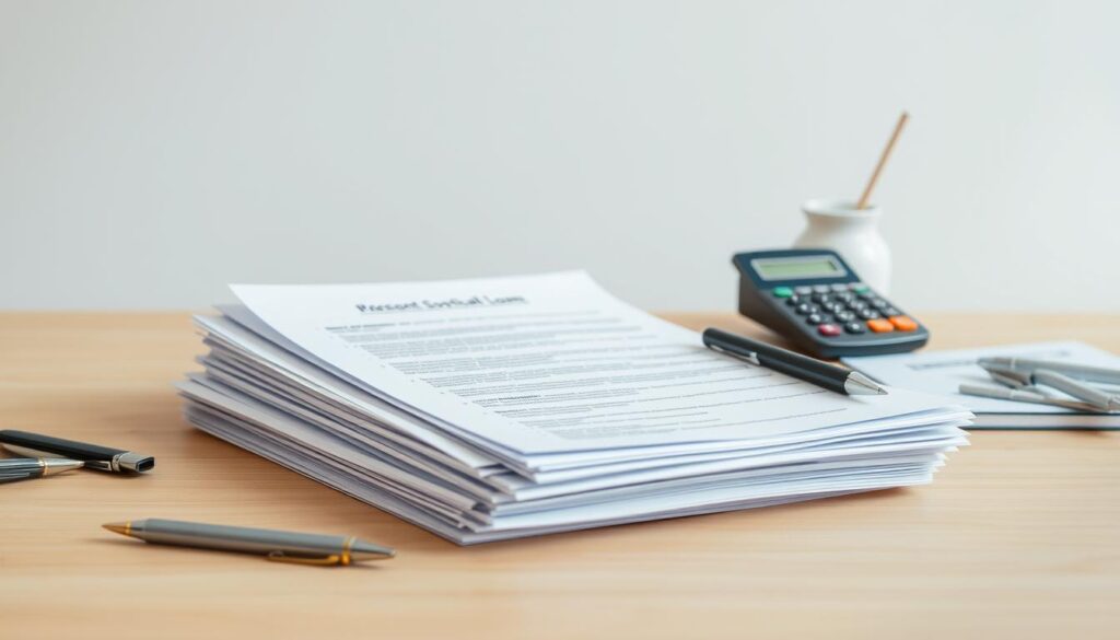 A clean, well-organized document set against a minimalist office background. The documents are neatly stacked, with a pen, calculator, and other office supplies nearby, conveying a sense of professionalism and attention to detail. Soft, diffused lighting creates a warm, inviting atmosphere, highlighting the textures and details of the paperwork. The composition is balanced and symmetrical, emphasizing the importance of the application process. The overall scene reflects the seriousness and care required for a successful home equity loan application.