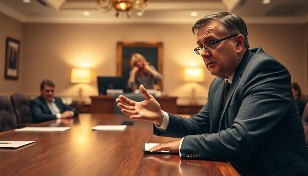 A conference room with a large oak table, where two parties engage in a serious negotiation. In the foreground, a businessman in a tailored suit leans forward, gesturing emphatically as he presents his case. Across the table, a concerned-looking professional in business attire listens intently, brow furrowed in concentration. The lighting is warm and subdued, creating an atmosphere of thoughtful deliberation. The background is slightly blurred, emphasizing the focus on the two individuals and the intensity of their discussion. The room is adorned with tasteful decor, suggesting an environment of professionalism and authority. Overall, the scene conveys a sense of high-stakes negotiations and the weight of finding a mutually beneficial resolution.
