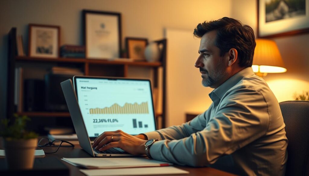 A cozy home office setting with a financial advisor seated at a desk, deep in thought as they analyze mortgage data and real estate trends on a laptop screen. Soft, warm lighting illuminates the scene, casting subtle shadows and creating a contemplative atmosphere. The advisor's face is focused, brow furrowed, as they carefully consider the implications of the information before them. In the background, a bookshelf and framed certificates suggest their expertise and credibility. The overall composition conveys the idea of a knowledgeable professional providing insightful analysis on the nuances of home equity lending.