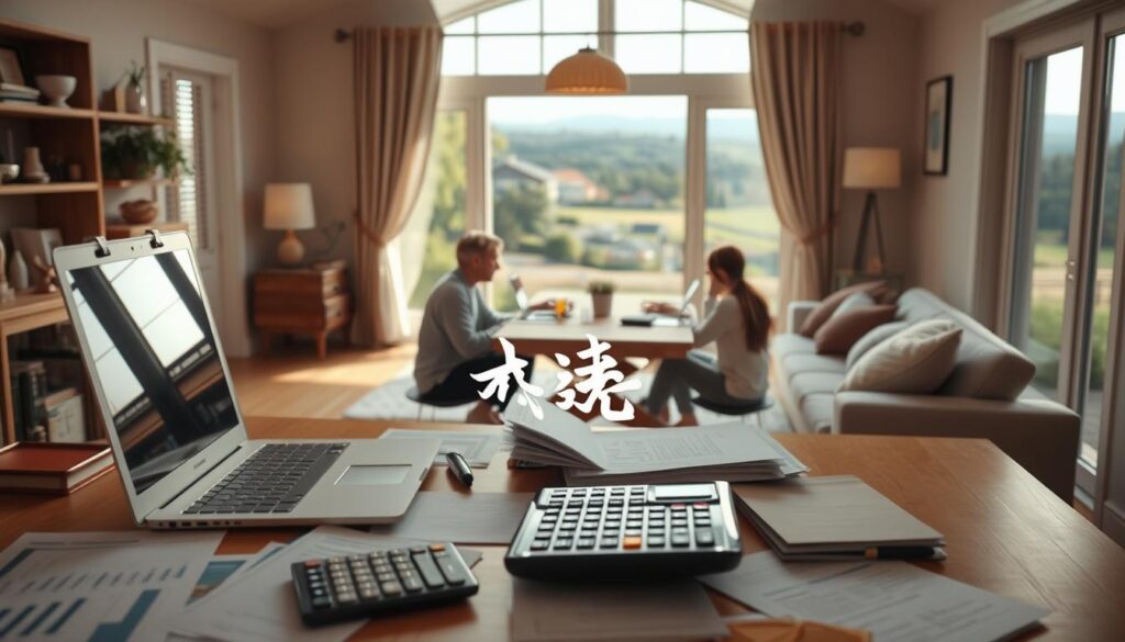 A cozy, well-lit home interior with a warm, inviting atmosphere. In the foreground, a desk with a laptop, calculator, and scattered documents, representing the financial aspects of a home equity loan. In the middle ground, a family gathered around a table, discussing the process and implications of a home equity loan. The background features a large window overlooking a picturesque suburban landscape, with natural lighting filtering in, symbolizing the potential growth and opportunities that a home equity loan can provide. The scene conveys a sense of financial planning, family discussion, and the overall concept of "房屋增貸基本概念".