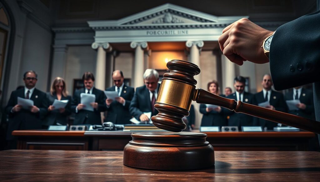 A detailed and authoritative court proceeding depicting the process of real estate foreclosure. In the foreground, a judge's gavel slams down on a wooden podium, signaling the formal commencement of the legal proceedings. The middle ground features government officials dressed in formal attire, carefully examining documents and official seals. In the background, a grand courthouse facade looms, its imposing stone columns and arched windows conveying the solemn gravity of the legal system. The lighting is somber and dramatic, with deep shadows casting an air of solemnity over the scene. The overall composition strikes a tone of rigor, finality, and the weight of the law in action.