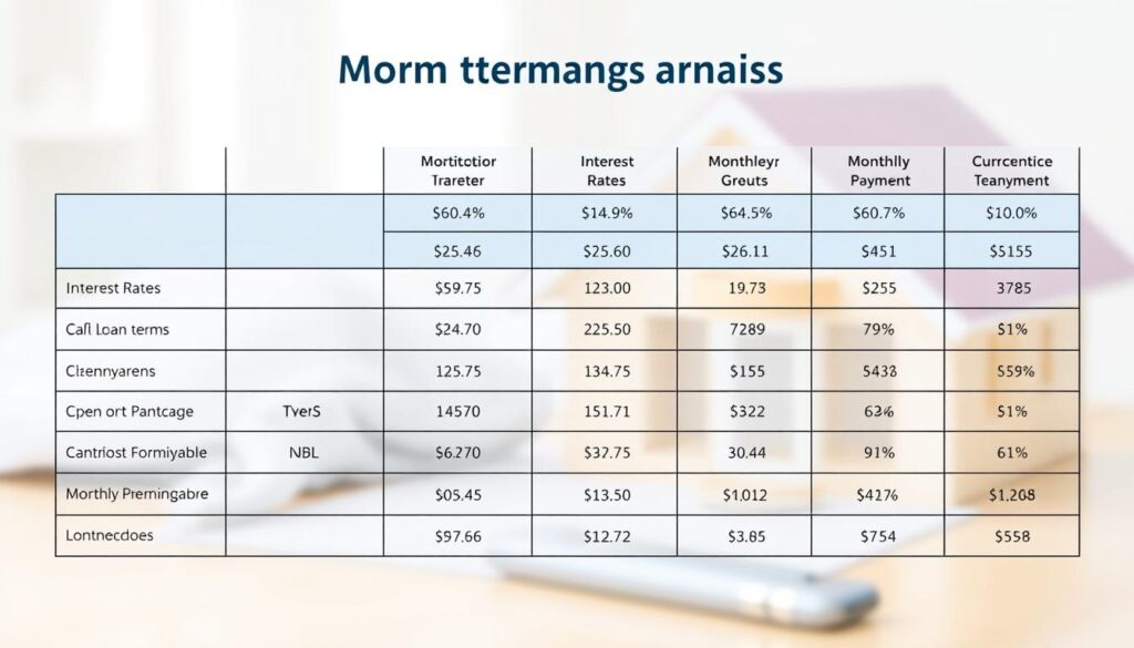 A detailed comparative analysis chart depicting the key factors of different mortgage options, such as interest rates, loan terms, and monthly payments. The chart is presented in a clean, modern design with minimalist lines and a muted color palette of blues and grays, creating a professional and informative visual. The chart is set against a softly blurred background, allowing the data visualization to take center stage and provide a clear, concise overview of the various mortgage solutions.