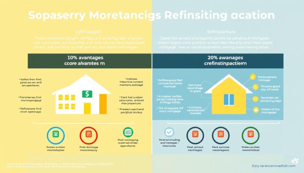 A detailed, comparative analysis chart displaying the core advantages of secondary mortgages and refinancing, showcased in a visually striking, data-driven infographic. The chart features clean, modern typography, vibrant color schemes, and intuitive icons to effectively convey the key points. Rendered with a high-resolution, photorealistic style that blends seamlessly with the surrounding article layout, creating a polished, professional visual aid.