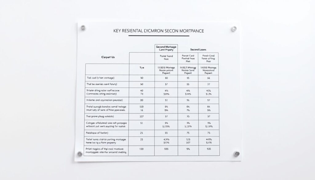 A detailed comparison chart depicting the key aspects of second mortgages on a residential property, set against a clean, minimalist background. The chart features neatly organized data and statistics in a clear, easy-to-read format, with intuitive visual cues to highlight the differences between various second loan options. The lighting is soft and even, creating a sense of professionalism and trustworthiness. The composition emphasizes the informative nature of the content, with the chart occupying the central focus and the background providing just enough context to convey the real estate theme without distracting from the main subject matter.