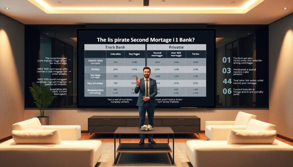 A detailed comparison of bank and private second-mortgage home loans, showcased in a clean, data-driven infographic. The scene depicts a contemporary office interior with sleek, minimalist furniture and warm lighting. In the foreground, a large display screen presents a side-by-side breakdown of key features, interest rates, and terms for both lending options. The middle ground features a professional-looking financial analyst reviewing the data, gesturing towards the screen. The background subtly blends neutral tones and subtle textures to create a sense of sophistication and authority. The overall mood is informative, authoritative, and visually appealing, tailored to educate readers on the nuances of second-mortgage home financing.