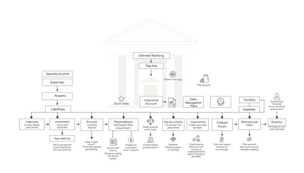 A detailed financial planning strategy diagram, rendered in a clean and professional style. The foreground features a clearly organized flow chart with distinct sections for income, expenses, assets, liabilities, and key financial metrics. The middle ground showcases various financial instruments and tools, such as savings accounts, investments, insurance policies, and debt management plans. The background subtly incorporates architectural elements, conveying a sense of stability and security. The lighting is soft and directional, creating depth and emphasizing the diagram's clarity. The overall tone is informative and pragmatic, designed to effectively communicate complex financial concepts.