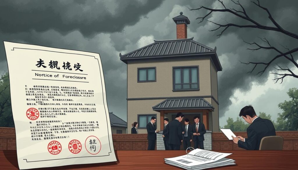 A detailed illustration of a house foreclosure legal process. In the foreground, a notice of foreclosure is prominently displayed, with official seals and stamps. In the middle ground, a group of people, likely lawyers and officials, are gathered, examining documents and discussing the case. The background depicts a traditional Chinese-style residential building, partially obscured by ominous storm clouds, conveying the solemn and serious nature of the proceedings. The lighting is somber, with muted tones and shadows emphasizing the gravity of the situation. The overall composition and mood aim to convey the complex legal procedures and challenges involved in resolving joint debt on a shared property.