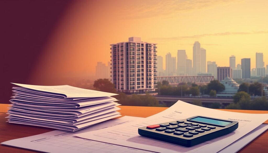 A detailed illustration of debt consolidation for real estate, set against a warm, muted color palette. In the foreground, a stack of financial documents and a calculator, symbolizing the complex paperwork involved. In the middle ground, a modern apartment building, representing the property at the heart of the debt consolidation process. In the background, a serene city skyline, conveying a sense of stability and resolution. Soft, diffused lighting casts a contemplative atmosphere, as if capturing a moment of careful consideration and planning. The overall composition evokes the importance of professional guidance and strategic thinking when managing real estate-related debt.