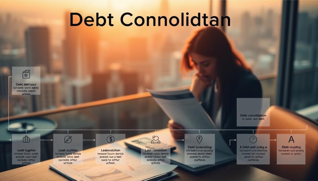 A detailed infographic depicting the debt consolidation process. In the foreground, a clean and organized flowchart outlines the key steps, with icons and minimalist text. The middle ground shows financial documents, calculator, and a person thoughtfully reviewing their options. In the background, a soft, blurred cityscape conveys a sense of urban living and the challenges of modern finance. Warm lighting casts a contemplative mood, while a slightly low camera angle lends an authoritative perspective. The overall composition is balanced, visually compelling, and intended to educate and inform the viewer about the intricacies of debt consolidation.