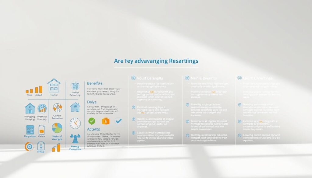 A detailed infographic illustrating the key advantages of mortgage refinancing, set against a clean, minimalist background. The foreground features a series of informative icons and data visualizations, with a clear color palette and modern, geometric design. The middle ground showcases the main benefits in concise, easy-to-digest bullet points, while the background provides a sense of depth and balance with soft, muted gradients. Lighting is natural and slightly directional, creating depth and highlighting the informational elements. The overall mood is professional, educational, and visually engaging, guiding the viewer through the topic with clarity and visual appeal.