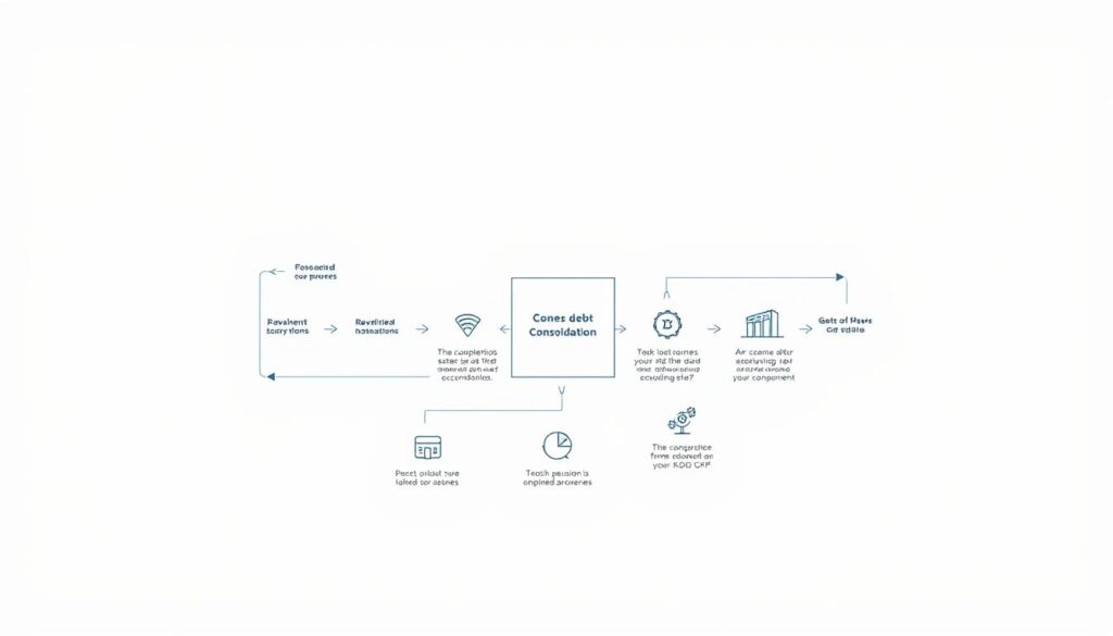 A detailed process diagram illustrating the core steps involved in real estate debt consolidation. A clean, technical blueprint-style rendering against a plain white background, with clear labeling of each stage. The foreground features a centralized workflow diagram with distinct phases connected by arrows, rendered in precise geometric lines and shapes. The middle ground shows supporting icons and infographic elements to visually communicate the concepts. The background maintains a minimal, uncluttered aesthetic to allow the core diagram to shine. Crisp, evenly distributed studio lighting and a shallow depth of field create a sense of depth and focus. The overall mood is informative, analytical and professional, reflecting the article's subject matter.
