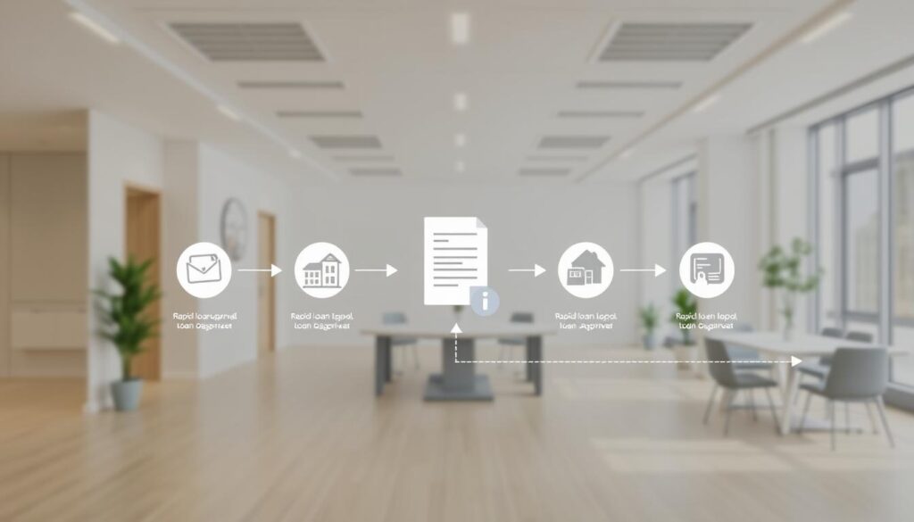 A detailed process flow diagram depicting the rapid loan approval process. The foreground shows a series of interconnected steps and decision points, represented by clean vector icons and minimalist shapes in a neutral color palette. The middle ground features a stylized financial document or contract, conveying the official nature of the transaction. The background showcases a modern, open-plan office environment with clean lines, natural lighting, and subtle textures, creating a sense of professionalism and efficiency. The overall composition should strike a balance between informative clarity and aesthetic appeal, suitable for use in a real estate finance article.