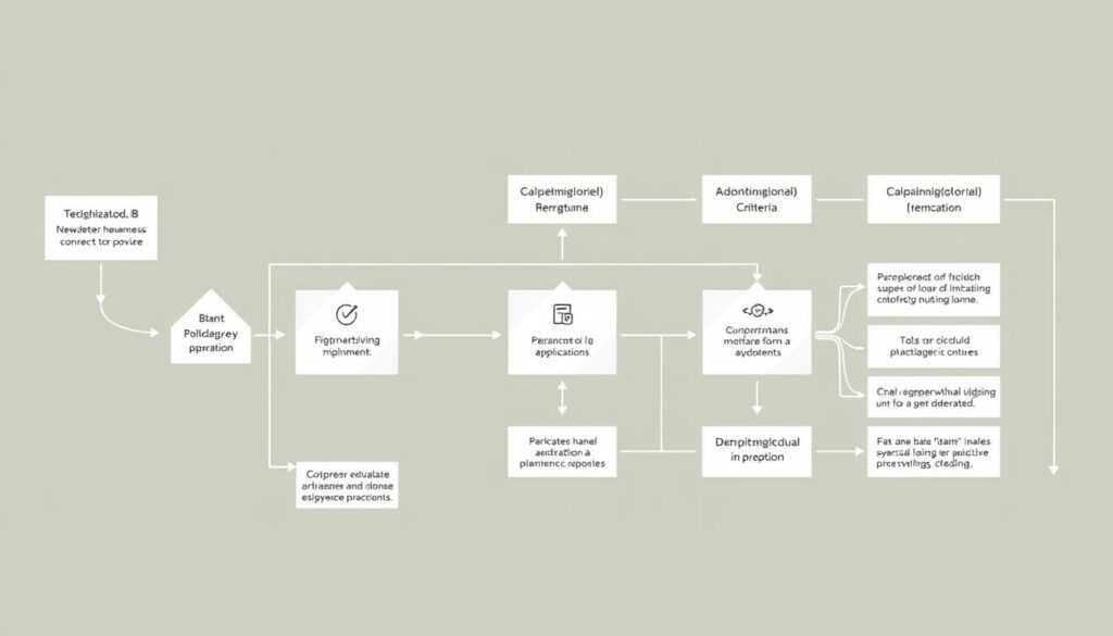 A detailed process flow diagram depicting the steps involved in evaluating the eligibility criteria for a mortgage loan application. Rendered in a clean, minimalist style with a focus on simplicity and clarity. The diagram shows the key stages, decision points, and information required at each step, presented in a logical, easy-to-follow format. Rendered with a muted color palette, subtle grid lines, and simple geometric shapes to create a professional, technical aesthetic. The overall composition should convey a sense of organization, efficiency, and attention to detail, supporting the informational nature of the content.