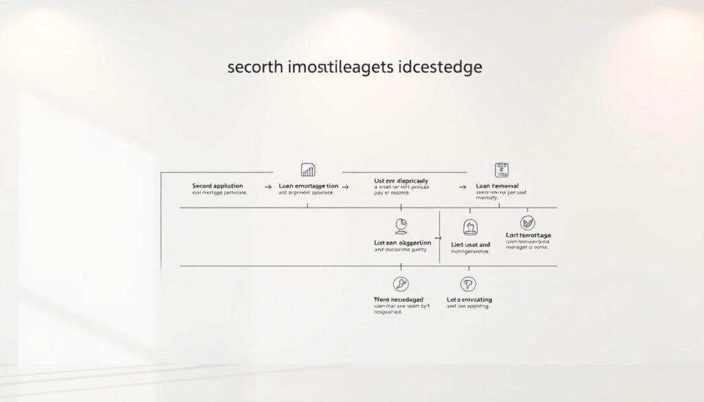 A detailed process flow diagram illustrating the steps involved in a second mortgage discharge. Set against a clean, minimalist background with soft lighting, the diagram features distinct sections for key stages such as loan application, lien removal, and final release. The overall composition conveys a sense of order and clarity, reflecting the methodical approach to financial integration. The diagram's visual elements are rendered with precision, using a combination of clean lines, intuitive icons, and a color palette that balances informative clarity with a professional aesthetic.