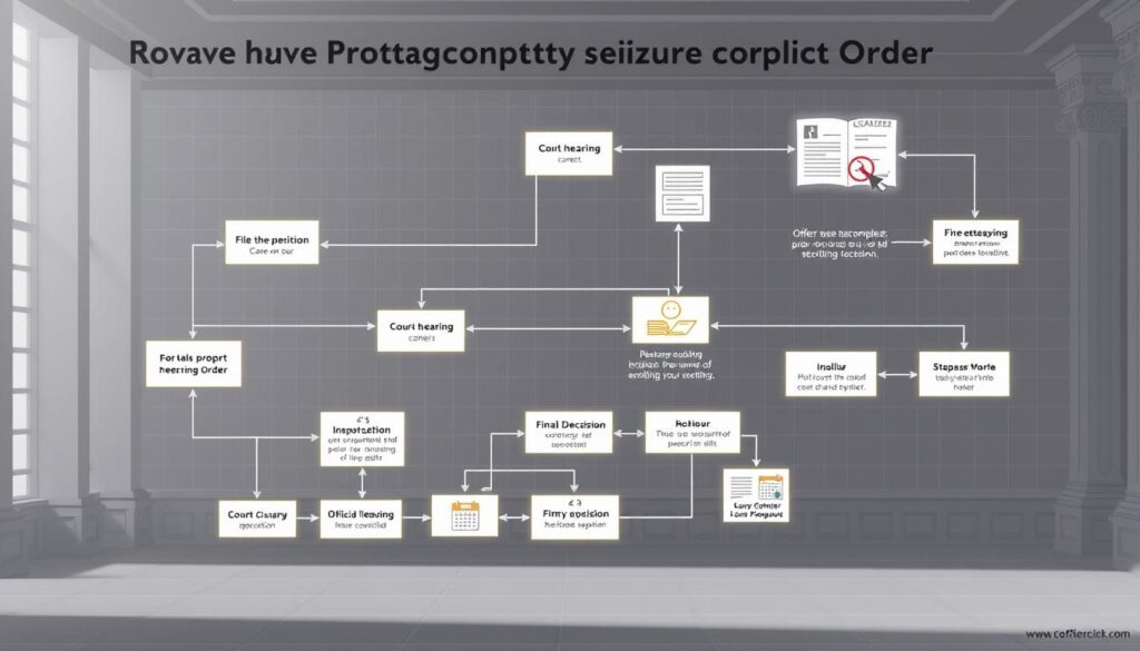 A detailed process flowchart illustrating the steps to revoke a property seizure order. The foreground depicts the core workflow with clear, interconnected nodes representing key stages like filing the petition, court hearing, and final decision. The middle ground shows supporting details like relevant legal documents, official stamps, and calendar icons to convey the official and time-sensitive nature of the process. The background has a subdued, institutional atmosphere with muted colors, subtle grid patterns, and architectural elements suggestive of a government or legal setting. Soft, directional lighting casts depth and highlights the important information. The overall composition is clean, informative, and visually appealing to effectively communicate the complete "how-to" guide for revoking a property seizure order.