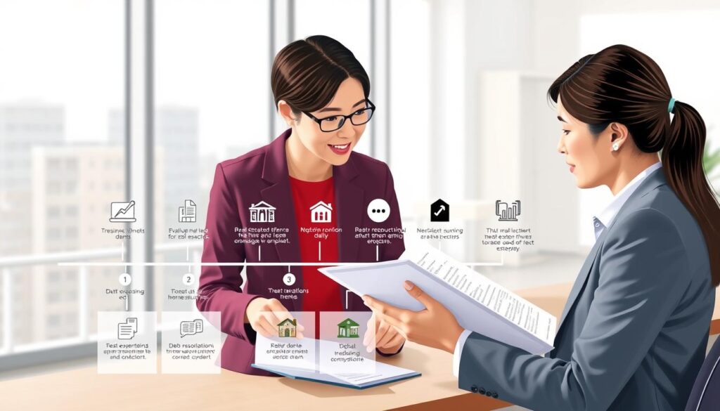 A detailed, realistic illustration depicting the step-by-step process of real estate debt consolidation. In the foreground, a financial advisor guides a client through a series of documents and charts, explaining the various stages of the service. The middle ground showcases a visual timeline with icons representing key milestones, such as evaluation, negotiation, and debt restructuring. In the background, a modern office setting with large windows provides a sense of professionalism and expertise. The lighting is soft and natural, creating a warm, trustworthy atmosphere. The overall composition conveys the comprehensive nature of the real estate debt consolidation service offered by Yun-Shou Real Estate.