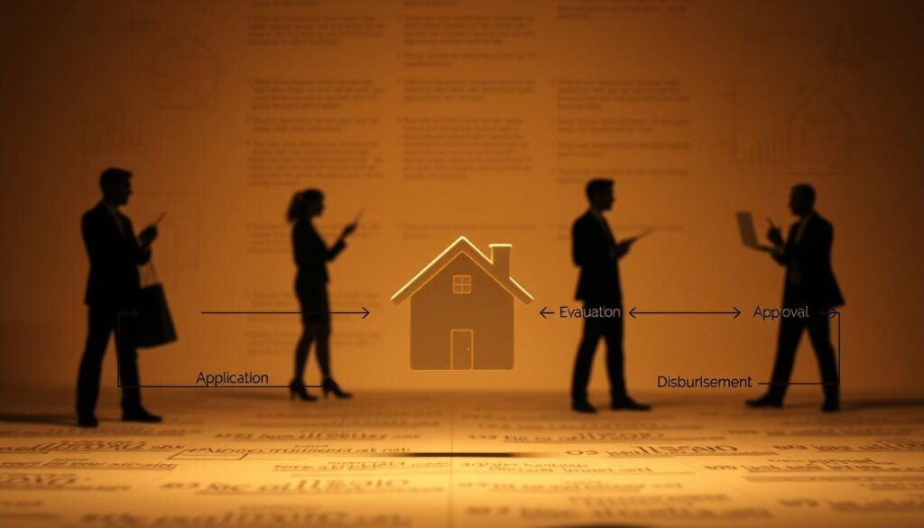 A detailed, step-by-step flow chart depicting the process of obtaining a home loan or second mortgage. The foreground shows a central home icon with labeled stages like "Application", "Evaluation", "Approval", and "Disbursement", connected by clear directional arrows. The middle ground features silhouettes of people engaged in the various steps, conveying the human element. The background has a warm, muted color palette with subtle patterns suggestive of financial documents, creating a professional, institutional atmosphere. The lighting is soft and diffused, illuminating the chart and figures without harsh shadows. The overall composition is well-balanced, with ample negative space to make the informational elements legible and impactful.