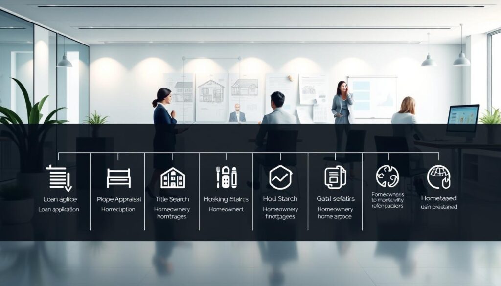A detailed step-by-step flow diagram depicting the process of obtaining a home loan or second mortgage. The scene shows a serene, modern office environment with clean lines and neutral tones. In the foreground, a series of icons and infographic elements clearly illustrate the key stages, including loan application, property appraisal, title search, and mortgage approval. In the middle ground, financial advisors and real estate agents are engaged in consultative discussions with homeowners. The background features architectural blueprints, financial documents, and a computer monitor displaying related information. The overall atmosphere conveys a sense of professionalism, efficiency, and expertise in guiding individuals through the nuances of residential financing.