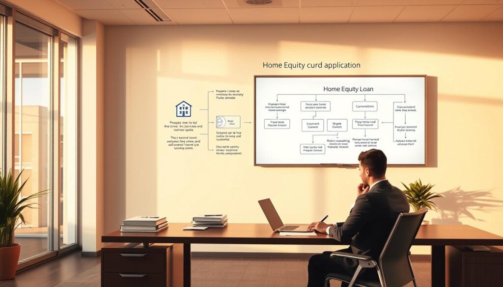 A detailed, step-by-step visual guide to the home equity loan application process. Showcase a spacious, well-lit office interior with a modern, minimalist aesthetic. Place a businessman in a suit at a desk, surrounded by neatly organized documents and a laptop. On the wall, display a digital whiteboard with a clear, structured flow chart outlining the key stages of the application, such as property assessment, document submission, and final approval. Use warm, natural lighting to convey a professional, authoritative atmosphere. Capture the scene from a slightly elevated angle to provide a comprehensive overview of the workspace and application workflow.