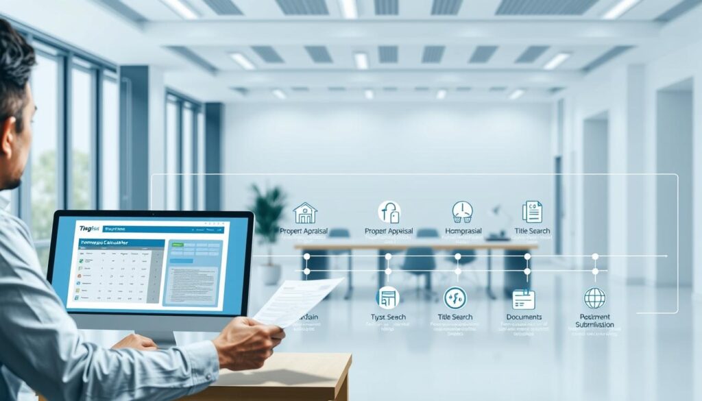 A detailed, technical diagram showcasing the step-by-step process of a residential property loan application. The foreground depicts a homeowner reviewing loan documents, with a desktop computer displaying a mortgage calculator interface. The middle ground illustrates the loan approval workflow, featuring icons and timelines for key stages like property appraisal, title search, and document submission. The background depicts a well-lit, minimalist office interior with modern architecture, suggesting a professional lending institution. The overall mood is informative and organized, conveying the complexities of the home loan process through a clean, visually appealing layout.