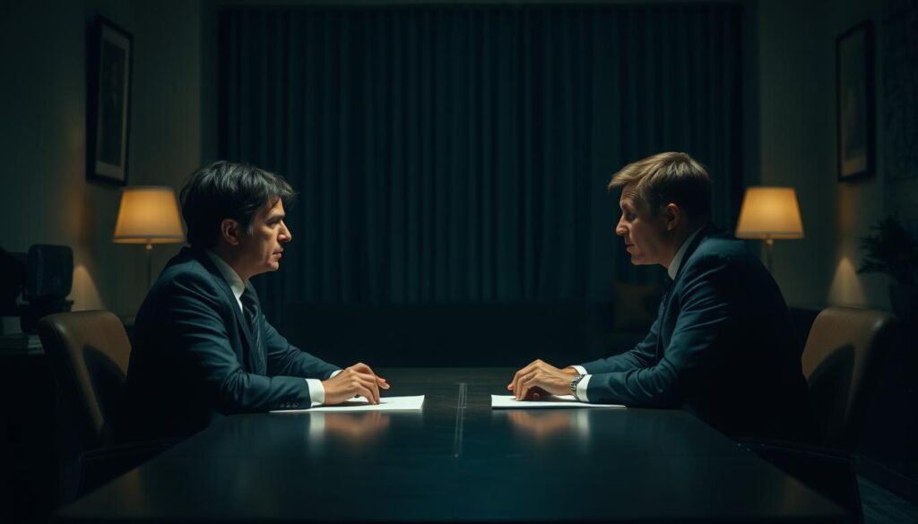 A dimly lit office setting, with a medium shot of two people in formal attire sitting at a table engaged in a tense negotiation. Soft, warm lighting illuminates their faces, casting subtle shadows to convey the gravity of the situation. The room is sparsely furnished, with minimal decor to avoid distractions, focusing the viewer's attention on the two figures. Their body language and facial expressions suggest a sense of careful consideration and diplomatic discourse as they work to resolve the conflict at hand. The overall atmosphere is one of concentration and professional deliberation.