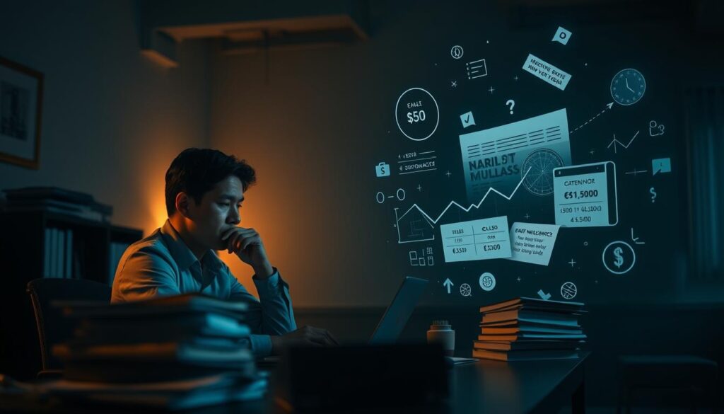 A dramatic scene of a person navigating the challenges of debt negotiation. In the foreground, a focused individual sits at a desk, deep in thought, surrounded by stacks of documents and a laptop. Soft, warm lighting illuminates their face, conveying a sense of determination. In the middle ground, an abstract representation of financial calculations and negotiation strategies hovers in the air, depicting the complexity of the situation. The background features a dimly lit, austere office setting, with a sense of uncertainty and unease permeating the atmosphere. The overall mood is one of concentration, problem-solving, and the weight of financial obligations, capturing the essence of the "債務協商策略" subject matter.