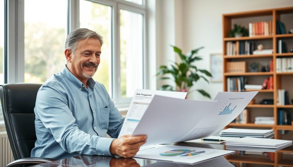 A financial advisor sitting at a desk, carefully reviewing documents and charts related to debt management solutions. The office is well-lit, with large windows allowing natural light to fill the space. The advisor has a focused, yet compassionate expression, conveying their expertise and willingness to provide personalized guidance. In the background, a bookshelf filled with financial literature and a potted plant add a sense of professionalism and care. The overall atmosphere is one of thoughtful problem-solving, with the advisor ready to tailor debt resolution strategies to the unique needs of their client.