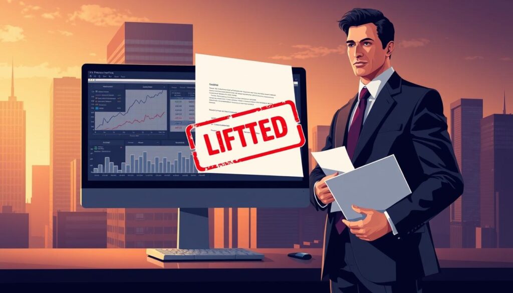 A high-contrast, realistic illustration depicting the process of risk management for lifting a property seizure order. In the foreground, a businessman in a suit stands confidently, holding documents; behind him, a legal document with a red "Lifted" stamp is prominently displayed. In the middle ground, a computer screen shows financial charts and risk analysis data. The background features a cityscape with towering office buildings, conveying a sense of professionalism and legal authority. The lighting is dramatic, with warm tones and directional shadows, emphasizing the gravity of the situation. The overall composition and mood suggest a successful resolution to a complex legal and financial challenge.