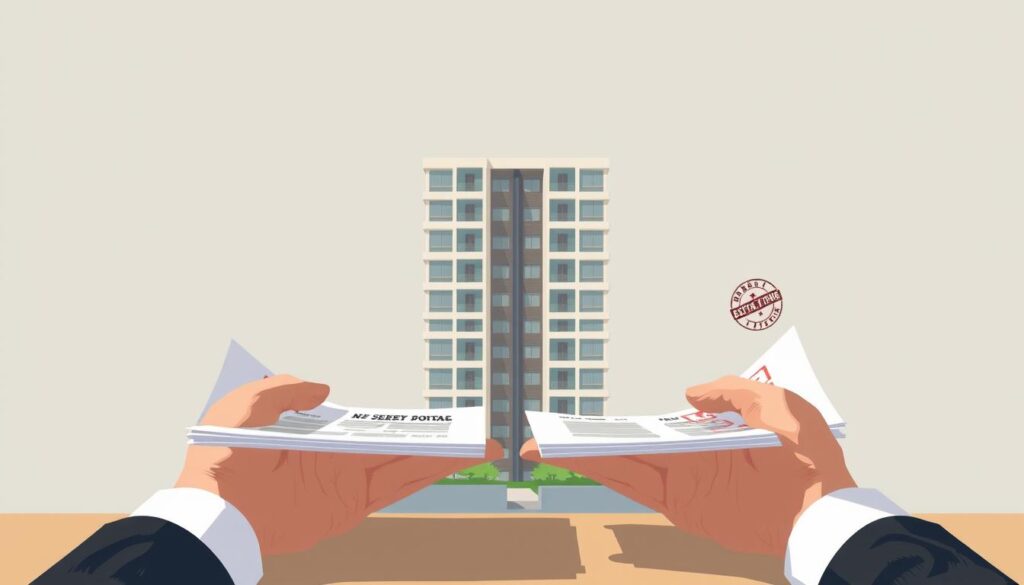 A highly detailed illustration depicting the step-by-step process of mortgage transfer and mortgage assumption (背胎過戶) in the Taiwanese real estate industry. The foreground showcases a pair of hands carefully handling official documents, contracts, and stamps, representing the intricate legal procedures involved. The middle ground features a modern apartment building in the background, symbolizing the real estate context. The lighting is soft and natural, creating a professional and authoritative atmosphere. The composition employs a clean, minimalist aesthetic to highlight the technical and administrative nature of the process. Overall, the image conveys the expertise and professionalism required to navigate the complexities of mortgage transfer and assumption in Taiwan's real estate landscape.