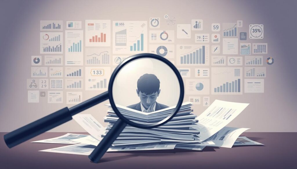 A meticulous self-debt assessment analysis depicted through a conceptual illustration. In the foreground, a magnifying glass examines a pile of financial documents, symbolizing the close inspection of one's personal debt situation. Surrounding the central focus, a matrix of charts, graphs, and numerical data unfolds, providing a detailed visualization of the individual's fiscal standing. The mid-ground features a contemplative figure, deeply engaged in the evaluation process, their expression reflecting the gravity and importance of making informed financial decisions. In the background, a subdued, minimalist environment with soft lighting and muted tones creates a contemplative atmosphere, emphasizing the introspective nature of this personal financial exercise.
