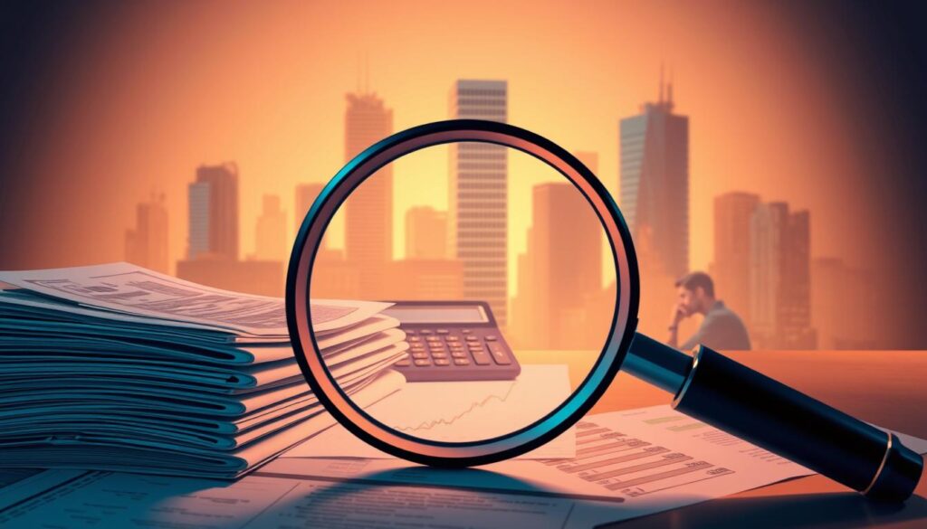 A meticulously detailed digital illustration depicting the concept of "debt consolidation strategy analysis". In the foreground, a magnifying glass scrutinizes a stack of financial documents, symbolizing the careful examination of debt-related information. The middle ground features a calculator, financial charts, and a thoughtful individual, representing the analytical process of evaluating debt consolidation options. In the background, a warm-toned cityscape with modern architecture conveys a sense of financial security and stability. The lighting is soft and directional, creating depth and emphasizing the analytical focus. The overall mood is one of diligence, financial prudence, and the pursuit of a strategic debt management solution.