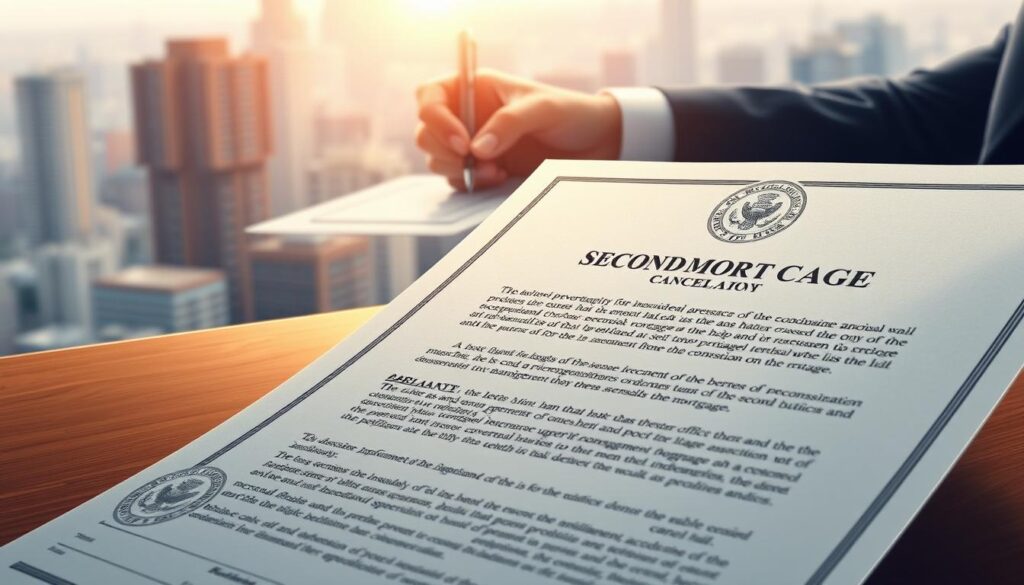 A meticulously rendered illustration of the legal process for canceling a second mortgage loan. In the foreground, a detailed scene of an official government document, its text and seals depicted with precision. In the middle ground, a pair of hands signing the paperwork, conveying the gravity of the transaction. The background features a blurred cityscape, hinting at the broader financial landscape in which this process unfolds. The lighting is soft, almost luminous, creating a sense of solemnity and importance. The overall composition suggests the careful navigation of complex legal and financial hurdles, with a focus on the critical final step of the second mortgage's cancellation.