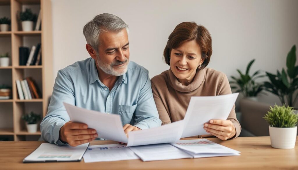A middle-aged couple sits at a table, reviewing financial documents and discussing their successful debt consolidation strategy. The scene is captured in a warm, muted color palette, with soft lighting casting a comforting glow. The husband's expression is one of relief, while the wife's face radiates a sense of accomplishment. In the background, a bookshelf and plants suggest a comfortable, professional setting, conveying the idea of a well-planned, thoughtful approach to financial management. The overall atmosphere is one of optimism and empowerment, reflecting the successful outcome of their debt consolidation efforts.