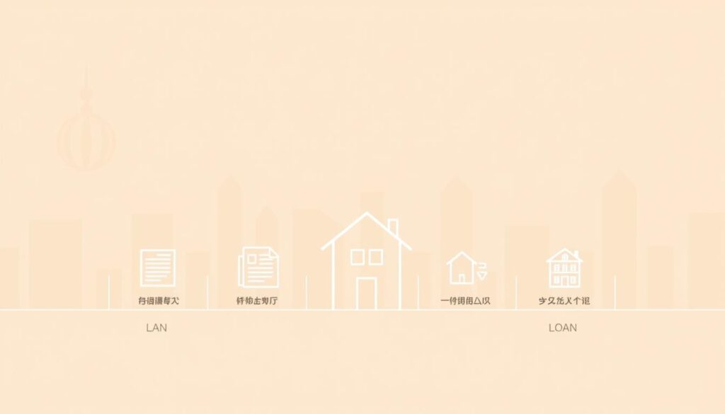 A modern and professional-looking illustration of the home loan application process in China, with a focus on the "二胎房貸" (second mortgage) service. The image should depict a clean, minimalist design with a warm, neutral color palette. In the foreground, display a series of icons or infographic elements representing the key steps in the application workflow, such as document submission, property valuation, and loan approval. In the middle ground, show a simple line drawing of a house or apartment building, symbolizing the real estate asset being financed. The background should feature subtle, blurred architectural details or a soft, gradient-based cityscape to provide context. Maintain a sense of balance, clarity, and visual hierarchy throughout the composition.