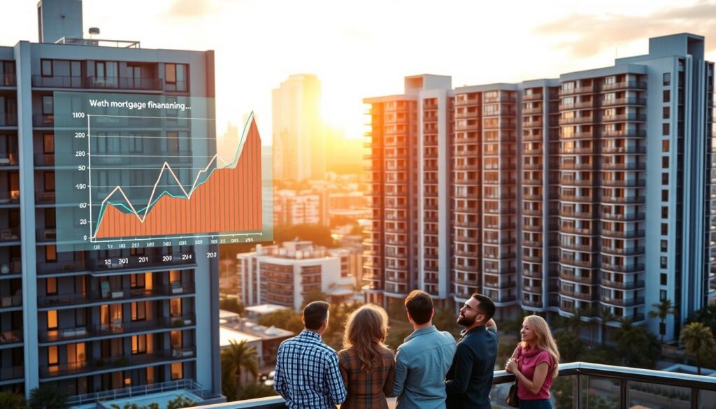 A modern apartment building with sleek architecture, set against a backdrop of a bustling urban skyline. The foreground features a financial graph projected onto the building's facade, highlighting the key data points and analytical insights related to the optimal timing for a mortgage refinancing or additional loan. The middle ground showcases a mix of prosperous-looking individuals and families, engaged in discussions about their financial planning. The background has a warm, golden-hour lighting, creating a sense of confidence and prosperity. The overall scene conveys the idea of a well-informed, strategic approach to managing one's mortgage and financial future.