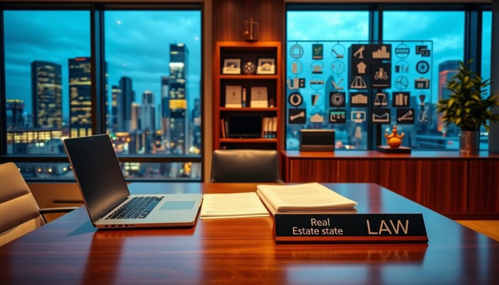 A modern, elegant office setting with a large glass window overlooking a bustling city skyline. In the foreground, a wooden desk with a laptop, a stack of legal documents, and a nameplate that reads "Real Estate Law". Behind the desk, a well-stocked bookshelf and a wall-mounted display showcasing various legal icons and symbols. Warm, indirect lighting casts a professional and authoritative atmosphere, while the overall composition conveys a sense of expertise, precision, and attention to detail in the field of real estate law.