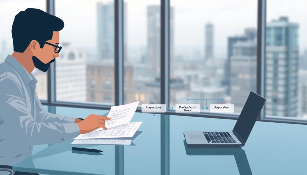 A modern, minimalist illustration of a real estate debt consolidation process. The foreground depicts a person reviewing financial documents at a sleek, glass-topped desk, with a laptop and pen nearby. The middle ground shows a simplified visual flow chart outlining the key steps, using clean lines and muted colors. The background features a serene, blurred cityscape through floor-to-ceiling windows, conveying a sense of professionalism and financial stability. The lighting is soft and diffused, creating a calm, focused atmosphere. The composition uses a wide, panoramic aspect ratio to provide ample space for the informational elements.