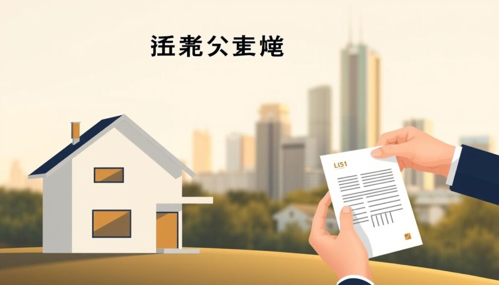 A modern, minimalist illustration of the concept of "二胎過戶" (second mortgage transfer). In the foreground, a sleek, contemporary home with clean lines and minimalist design. In the middle ground, a hand holding a document, symbolizing the legal transfer process. The background features a soft, blurred cityscape with skyscrapers, suggesting the urban setting. The lighting is natural, with warm, golden tones creating a sense of professionalism and trust. The overall mood is one of efficiency, clarity, and expertise in handling the second mortgage transfer process.