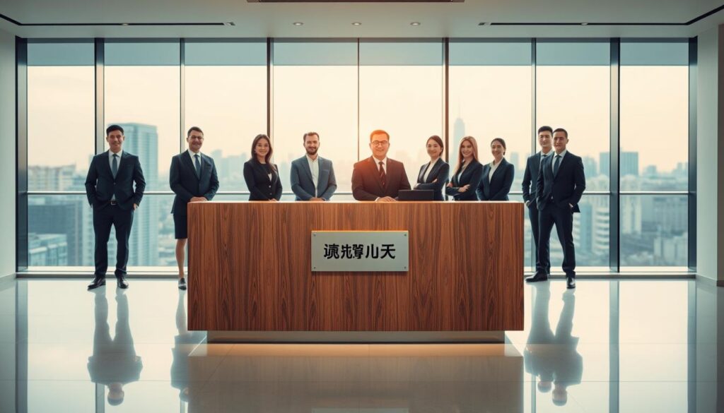 A modern, minimalist office interior with a large glass window overlooking a city skyline. In the foreground, a sleek, wooden reception desk with a plaque that reads "友溙不動產專業服務". Behind the desk, a team of professional real estate agents in formal attire stand ready to assist clients. The lighting is warm and inviting, with a subtle play of shadows highlighting the clean lines of the space. The atmosphere conveys a sense of expertise, efficiency, and a commitment to providing exceptional service. The overall scene is designed to showcase the company's expertise and attention to detail in the real estate industry.