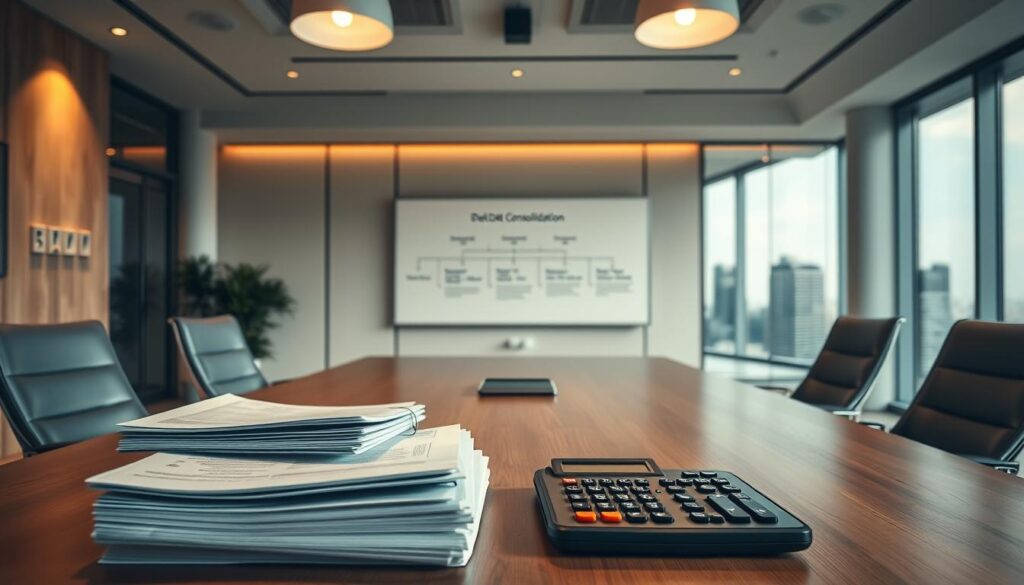 A modern, minimalist office interior with a large wooden desk and sleek office chairs. In the foreground, a stack of financial documents and a calculator, symbolizing the need for financial management and debt consolidation. Soft, warm lighting from overhead lamps casts a cozy glow, creating a professional yet inviting atmosphere. The middle ground features a whiteboard with a flow chart or timeline, illustrating the step-by-step process of real estate debt consolidation. In the background, a panoramic window offers a view of a bustling cityscape, emphasizing the importance of these financial services in the context of the real estate market.