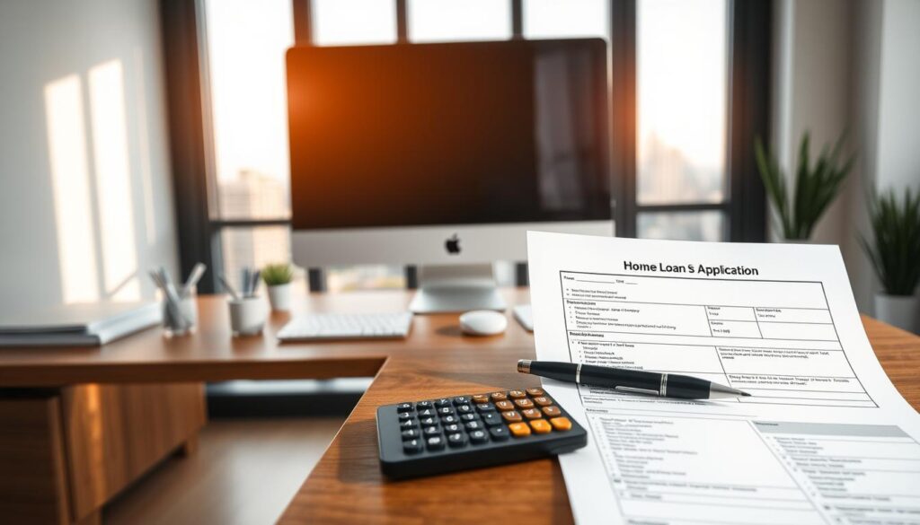 A modern, minimalist office interior with a wooden desk, sleek computer monitor, and neatly arranged office supplies. The background features a large window overlooking a city skyline, casting a warm, natural light across the scene. The foreground showcases various financial documents, including a mortgage application form and a calculator, emphasizing the theme of home loan application and refinancing. The overall composition is clean, well-balanced, and conveys a sense of professionalism and attention to detail, reflecting the subject of the article's section on the core conditions for a home loan increase.