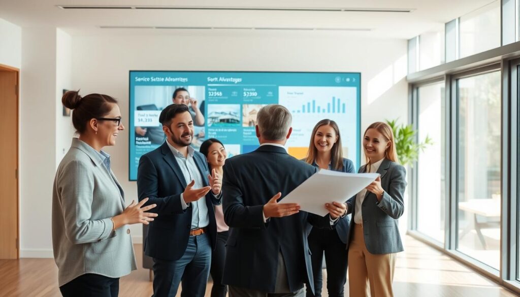 A modern, minimalist office interior with clean lines and a warm, professional atmosphere. In the foreground, a team of real estate agents gesturing animatedly as they discuss plans with a client, their expressions conveying expertise and care. In the middle ground, a large touchscreen display showcases property listings and financial information, highlighting the company's digital tools. The background features floor-to-ceiling windows, allowing natural light to flood the space and creating a sense of openness and transparency. The overall scene conveys the service advantages of this real estate firm - their attentive, personalized approach, cutting-edge technology, and commitment to client success.