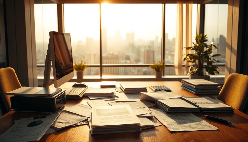 A modern office interior with a desktop computer, paperwork, and financial documents scattered across a wooden desk. In the background, a large window overlooking a city skyline, bathed in warm, golden afternoon light. The scene conveys a sense of professionalism and attention to detail, reflecting the complexity of the "二胎房貸申請條件" process. The lighting is soft and directional, casting subtle shadows and highlights to accentuate the textures and materials. The camera angle is slightly elevated, providing a wide, expansive view of the workspace, allowing the viewer to immerse themselves in the scene.