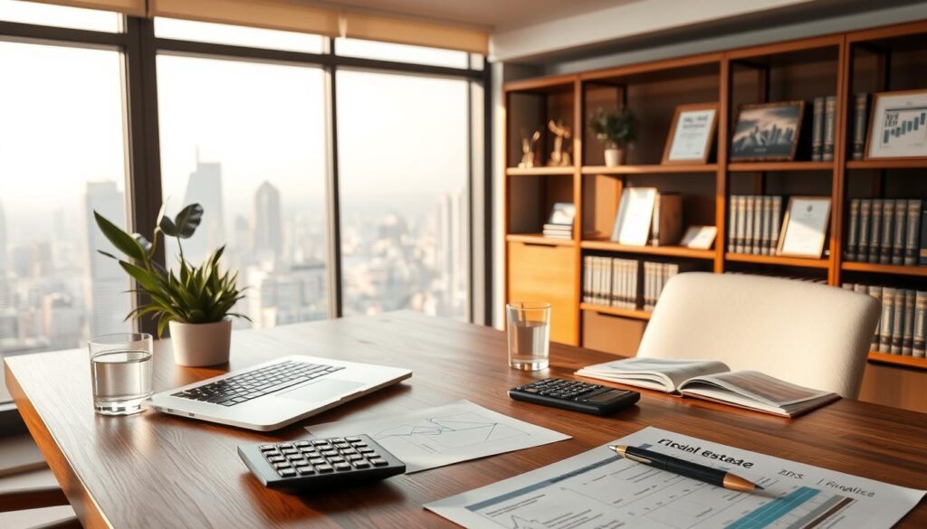 A modern office interior with a large window overlooking a cityscape. In the foreground, a wooden desk with a laptop, pen, and documents related to real estate and finance. On the desk, a calculator, a glass of water, and a succulent plant. In the middle ground, a bookshelf with finance and legal books, alongside framed certificates and awards. The lighting is soft and warm, creating a professional and focused atmosphere. The background features a panoramic view of the city skyline, with skyscrapers and a hazy horizon. The overall scene conveys a sense of thoughtful decision-making and risk management in the realm of real estate and personal finance.