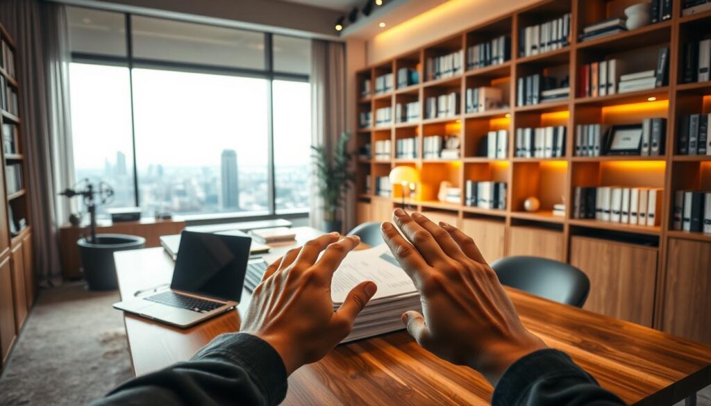 A modern office interior with a large wooden desk, a stack of financial documents, and a laptop computer. The desk is surrounded by shelves filled with books and files, creating a sense of professional expertise. Soft, warm lighting illuminates the scene, casting a cozy and focused atmosphere. In the foreground, a person's hands are gesturing towards the documents, illustrating the concept of debt consolidation. The background features a large window overlooking a cityscape, suggesting the financial importance of real estate. The overall scene conveys the seriousness and necessity of real estate debt management.
