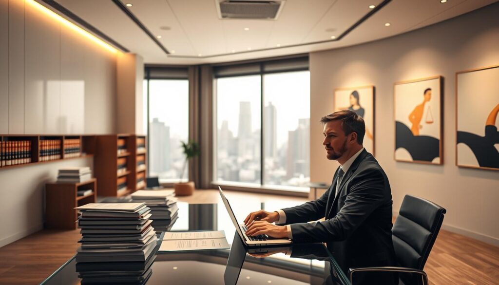A modern office interior with a sleek, minimalist design. In the foreground, a businessman in a suit sits at a glass-topped desk, surrounded by stacks of documents and a laptop. Soft, indirect lighting casts a warm glow on the scene, creating a professional yet calming atmosphere. In the middle ground, shelves of legal books and a large window overlooking a cityscape suggest the setting is a law firm. The background features abstract artworks on the walls, suggesting the firm's dedication to innovation and problem-solving. The overall impression is one of efficiency, expertise, and a commitment to finding solutions to complex financial challenges.