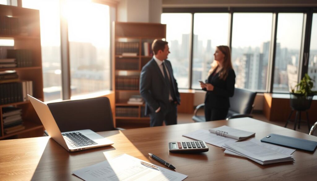 A modern office interior with floor-to-ceiling windows, bathed in warm, natural lighting. In the foreground, a wooden desk with a laptop, documents, and a calculator, representing the financial aspects of debt consolidation. Behind it, a bookshelf filled with legal volumes, alluding to the professional legal consultation. In the middle ground, two people engaged in a discussion, their body language and expressions conveying a sense of collaboration and problem-solving. The background features a cityscape visible through the windows, suggesting the broader real estate landscape. The overall mood is one of professionalism, expertise, and a focus on finding solutions.