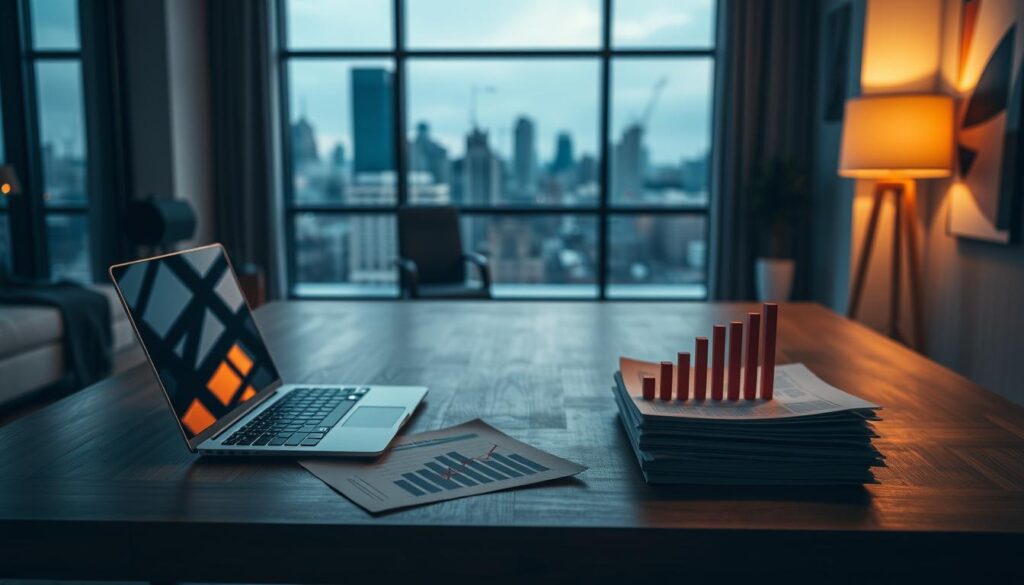 A modern office setting with a focus on a personalized debt solution. In the foreground, a wooden desk features a laptop, a stack of documents, and a stylized graph depicting debt trends. Warm lighting from a floor lamp illuminates the scene, creating a pensive atmosphere. In the middle ground, a large window overlooks a cityscape, hinting at the complex financial landscape. The background showcases sleek, minimalist decor, with abstract art on the walls, symbolizing the tailored approach to debt management. The overall composition conveys a sense of professionalism, expertise, and a personalized approach to resolving financial challenges.