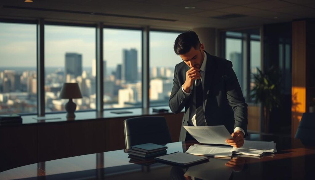 A modern office setting with a professional, authoritative atmosphere. In the foreground, a businessperson standing at a desk, deep in contemplation over financial documents. Warm, muted lighting casts shadows across the wood and glass surfaces, conveying a sense of gravity and importance. In the middle ground, a window overlooks a cityscape, hinting at the wider context and implications of financial decisions. The background is softly blurred, focusing the viewer's attention on the central figure making a critical choice regarding debt consolidation. The overall mood is one of thoughtful deliberation, with an underlying current of responsibility and the weight of financial obligations.