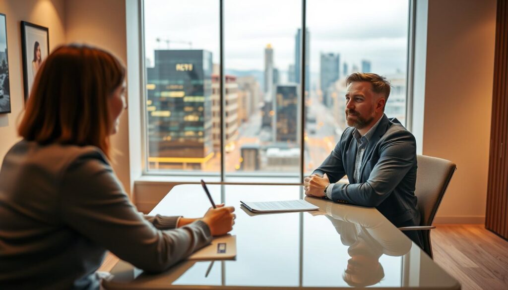 A modern office space with warm lighting and clean lines. In the foreground, a financial advisor sits at a desk, discussing personalized debt solutions with a client. The advisor's expression conveys empathy and professionalism. In the middle ground, a large window overlooks a bustling cityscape, symbolizing the connection between individual finances and the broader economic landscape. The background features minimalist decor and subtle touches of corporate branding, creating an atmosphere of trust and expertise. The overall scene evokes a sense of personalized guidance and tailored financial strategies to help the client navigate their unique situation.
